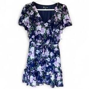 Crystal Doll Blue Floral Chiffon Dress Women’s Medium V-Neck Ruffle Hem NWT